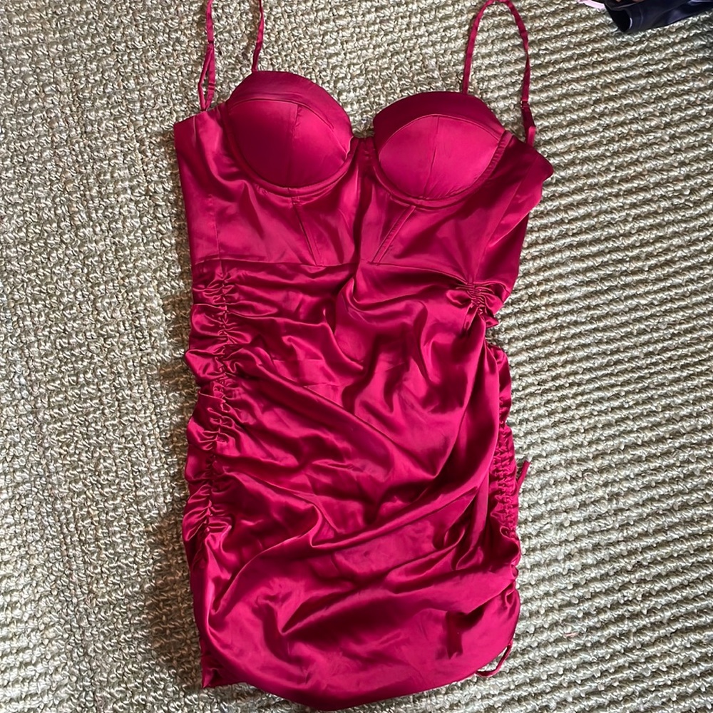 OH POLLY red mini dress, corset top, scrunch on sides and back! So flattering
